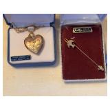 Hand engraved 14 karat gold filled heart necklace, 12 karat gold filled lapel pin, 12 karat gold necklace, 2 sterling & crystal necklaces, marked gold chain