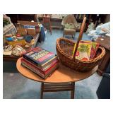 2- Chair arm tables, wicker basket and puzzle books