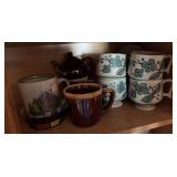 Vintage footed pedestal coffee mugs, 2 Nelson McCoy
Brown Drip Glaze Mugs, small pitcher, Louisville stoneware mug