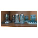 Pair of Westmoreland blue iridescent floral carnival glass salt or pepper shaker, pair of vintage Fenton Blue Opalescent Hobnail Candlestick Holders, pair of blue iridescent carnival glass candle hold