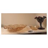 Fenton carnival pedestal dish, 2 pattern glass bowls