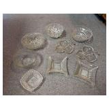 Clear glass bowls, divided leaf trays, ruffle top hurricane,