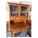 Antique Oak kitchen cabinet with glass doors & possum belly bottom drawers