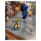Lot of bottles, cruet, covered apple jar, blue glass bottle