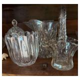 Glass basket, small pitcher, covered jar, pedestal dish