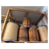 3- Vintage wooden nail kegs and 3 - fiber drums