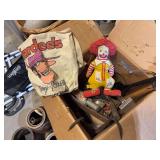 Vintage Ronald McDonald doll, vintage tools, Hardee’s canvas bag, Lipton Tea tin, 4 large marbles, cast iron backplates, sad iron, vintage shaving stick tins