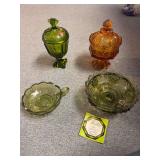 Fenton candy bowl, Fostoria Amber Eagle Star Coin Glass Vtg Pedestal Foot Bowl Lid Candy Dish, Viking covered dish,  Fostoria Coin Glass olive green handled nappy bowl