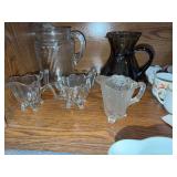 Lot of misc pitchers, creamer and sugar, 3 patten glass berry bowls