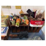 Wooden letter organizer, Cambell’s tin, wooden horse and buggies, wooden musical heart, misc