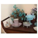 Contents of dry sink , Westmoreland like soap dish , occupied Japan formal dish , trinket dish with lid on legs , Lefton China cup and soap dish , Calico Kittens figurine , Fenton like white satin bel