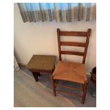 Antique ladder back chair w/ wicker seat, wood stool