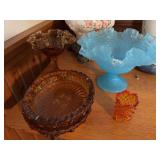 Blue pedestal hobnail ruffled top dish, hobnail toothpick, 2 amber ashtrays,amber pedestal dish