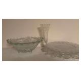 Fostoria style plates, bowl, vase
