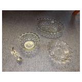 Fostoria 7” footed bowl, 10” oval dish, 5.5” bowl with spoon