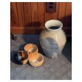 12” pottery vase,  pottery 3 bowl dish