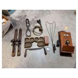 Vintage wall phone , vintage bulb squeeze car horn , vintage woodworking drawknife and vintage ice tongs ,antique coin change tray, English Leather Cologne wooden box and Winston ashtray , vintage rug