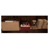 2 glass canisters, ribbon, tins, metal band aid tins
