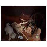 Miscellaneous natural figurines,  wooden wagon and bell