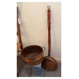 Copper pan, pedestal.  Decorative copper bed warmer