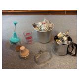 Cookie cutters, vintage chopper, advertising measuring cup, baking dish, rosette irons