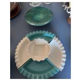 Italian pedestal plate, blue and white condiment tray