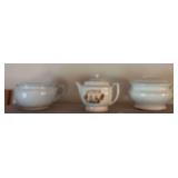 Porcelain chamber pots, tea pot w/ country scene( damaged lid)