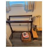 Quilt rack, picnic basket, brass lamp, corner desk shelf