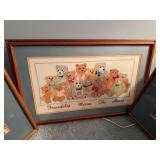 Framed needle point 27" x 17" and two framed photographs of Amish girls 18" x 18"