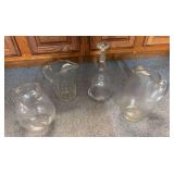 3 glass pitchers, etched liquor bottle