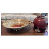 Japanese ginger jar with lid 8" t, ceramic double handle bowl 16" dia