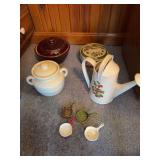 McCoy covered jar, Marcrest Daisy Dot brown-glazed stoneware casserole dish, spoon rests, watering can, Louisville Stoneware covered casserole