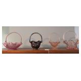 Fenton Cabbage Rose glass basket 7.5", Fenton amethyst carnival glass basket 7.5" Fenton pink glass basket 7", Fenton pink glass basket 8"