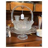 Pedestal cake stand, 2 crystal vases, glass handle dish