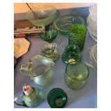 2 uranium green depression glass bowls, 2 green ruffle top vases, small green pitcher, juice glass, green pattern glass vase