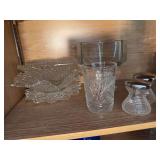 Pedestal dish, salt and pepper, pattern glass cup, ruffle edge bowls