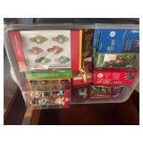 Tote of 1000 mini colored lights total new in box , large amount of small glass ornaments