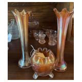 Orange rose bowl, purple carnival style vase, 2 vases