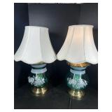 2 Blue Glass Table Lamps with Flower Designs