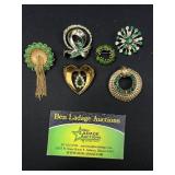 6 Green gem Decorative Brooches / Pins