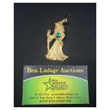 Gold Tone Wizard Pendant w/ Green Gem