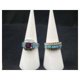 2 Sterling Silver Inlay and Diamond Rings
