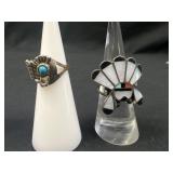 2 Native Style Turquoise Thunderbird rings & Zuni