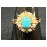 14K Gold Ring w/ Turquoise Style & Pearl Accents