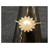 14K Gold Pearl & Diamond Halo Ring