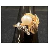 14K Gold Pearl & Diamond Leaf Ring