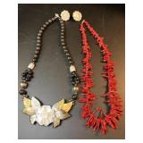 2 Hawaiian Style Floral & Coral Bead Necklaces