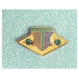 10K Gold Enamel "T" Pin with Green Stone Accents