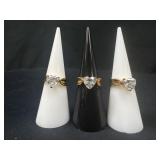 3 Sterling Silver heart diamond rings