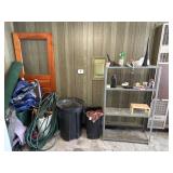 Metal Shelf, Garden Hose, and Contents of Corner